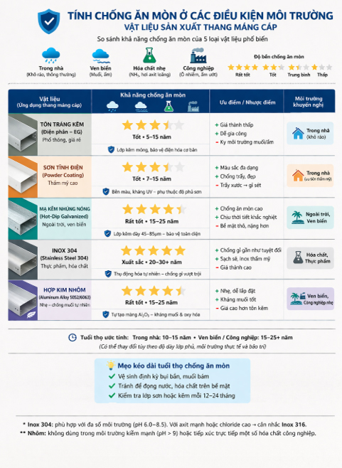 Đánh giá tính chống ăn mòn của các vật liệu sản xuất thang máng cáp