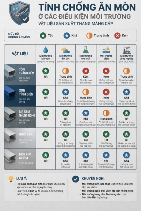 So sánh tính chống ăn mòn của các vật liệu thang máng cáp