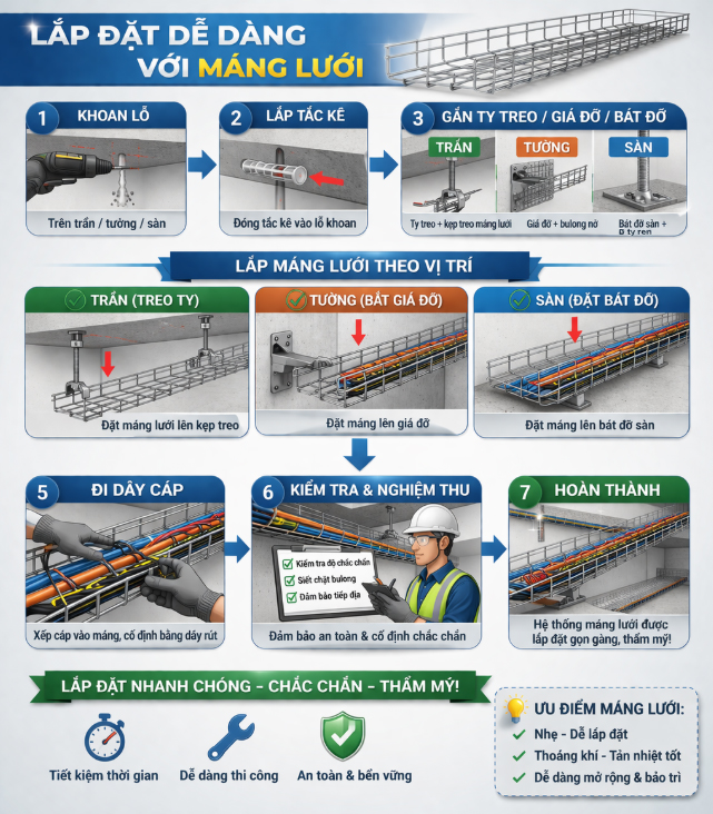 Máng lưới và phụ kiện lắp đặt máng lưới 48 Lắp đặt máng cáp lưới dễ dàng