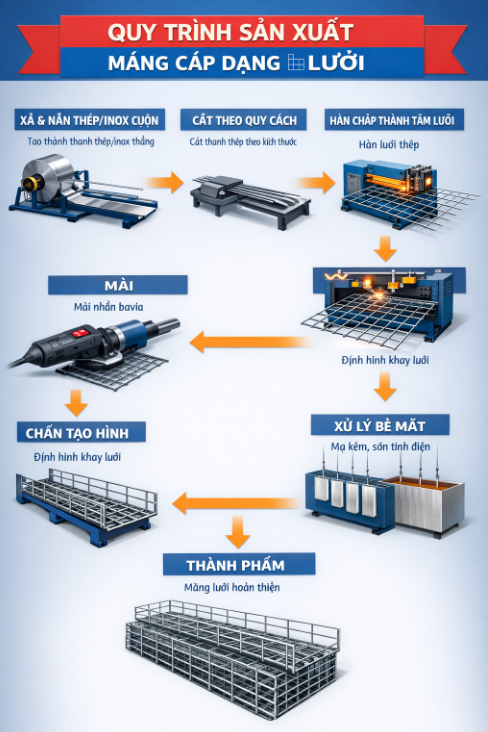 Máng lưới và phụ kiện lắp đặt máng lưới 47 Quy trình sản xuất máng cáp dạng lưới