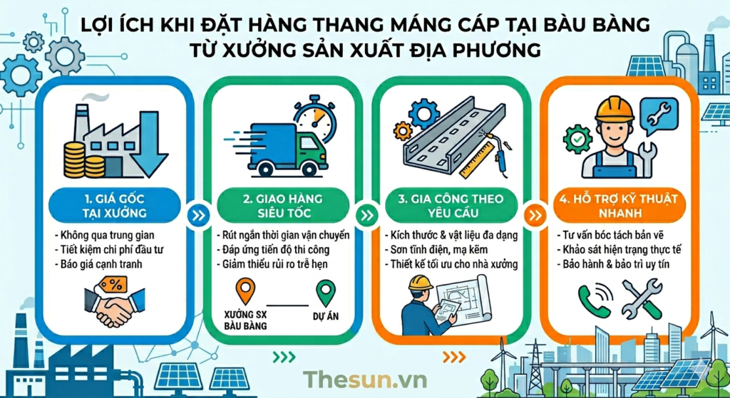 Lợi ích khi đặt hàng thang máng cáp tại Bàu Bàng từ xưởng địa phương