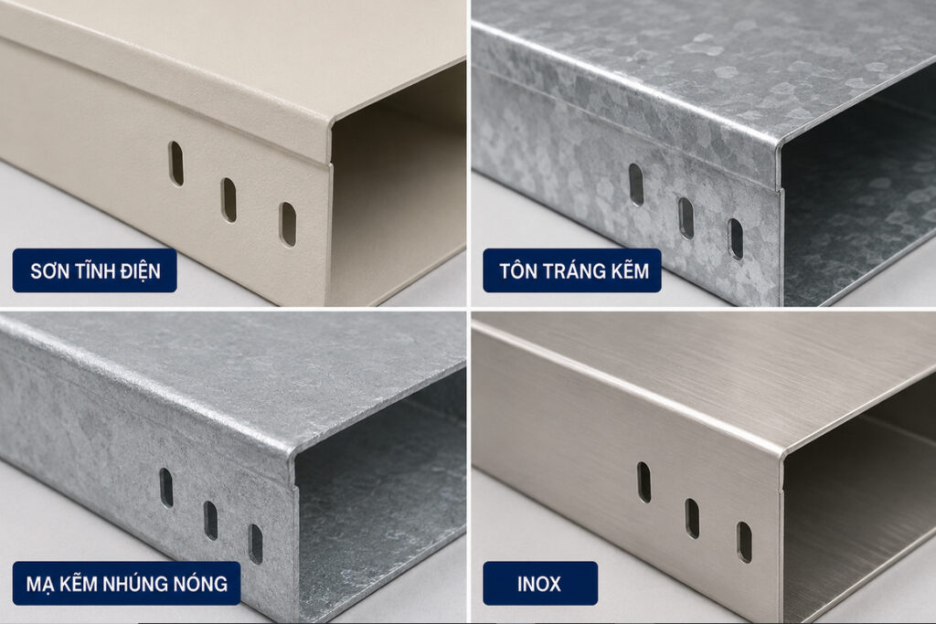 Kinh Nghiệm Chọn Thang Máng Cáp Đúng Chuẩn – Tránh Sai Lầm Tốn Kém 5 Cận cảnh bề mặt máng cáp sơn tĩnh điện - tôn tráng kẽm - mạ kẽm nhúng nóng -inox