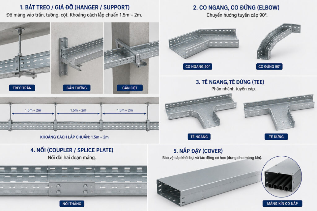 Kinh Nghiệm Chọn Thang Máng Cáp Đúng Chuẩn – Tránh Sai Lầm Tốn Kém 7 Bộ phụ kiện thang máng cáp đồng bộ – co ngang, tê, nối, nắp đậy